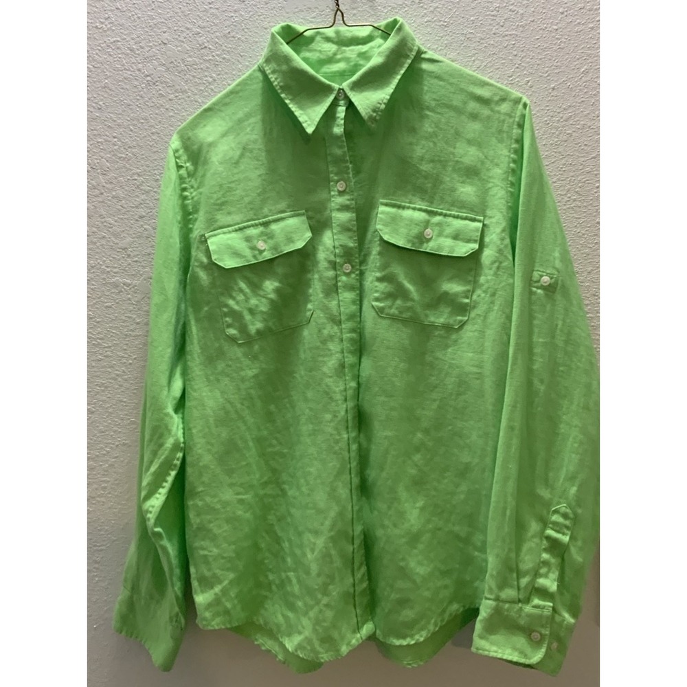 American Living Linen‎ Shirt Women's Medium Lime Green Roll-Tab Utility